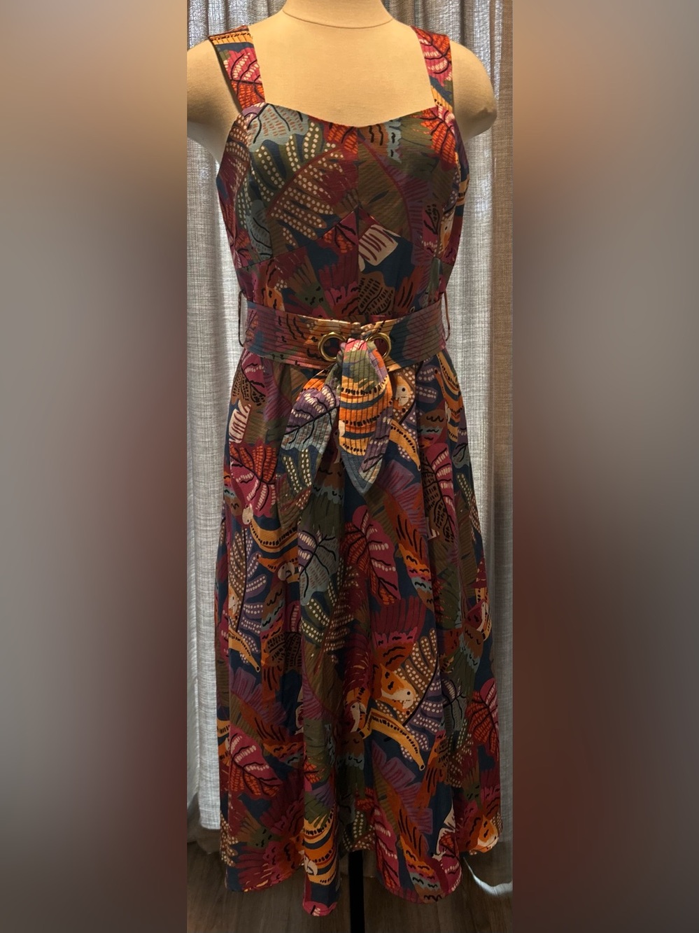 Tahari ASL Multicolor Leaf-Print A-Line Midi Dress with Belt